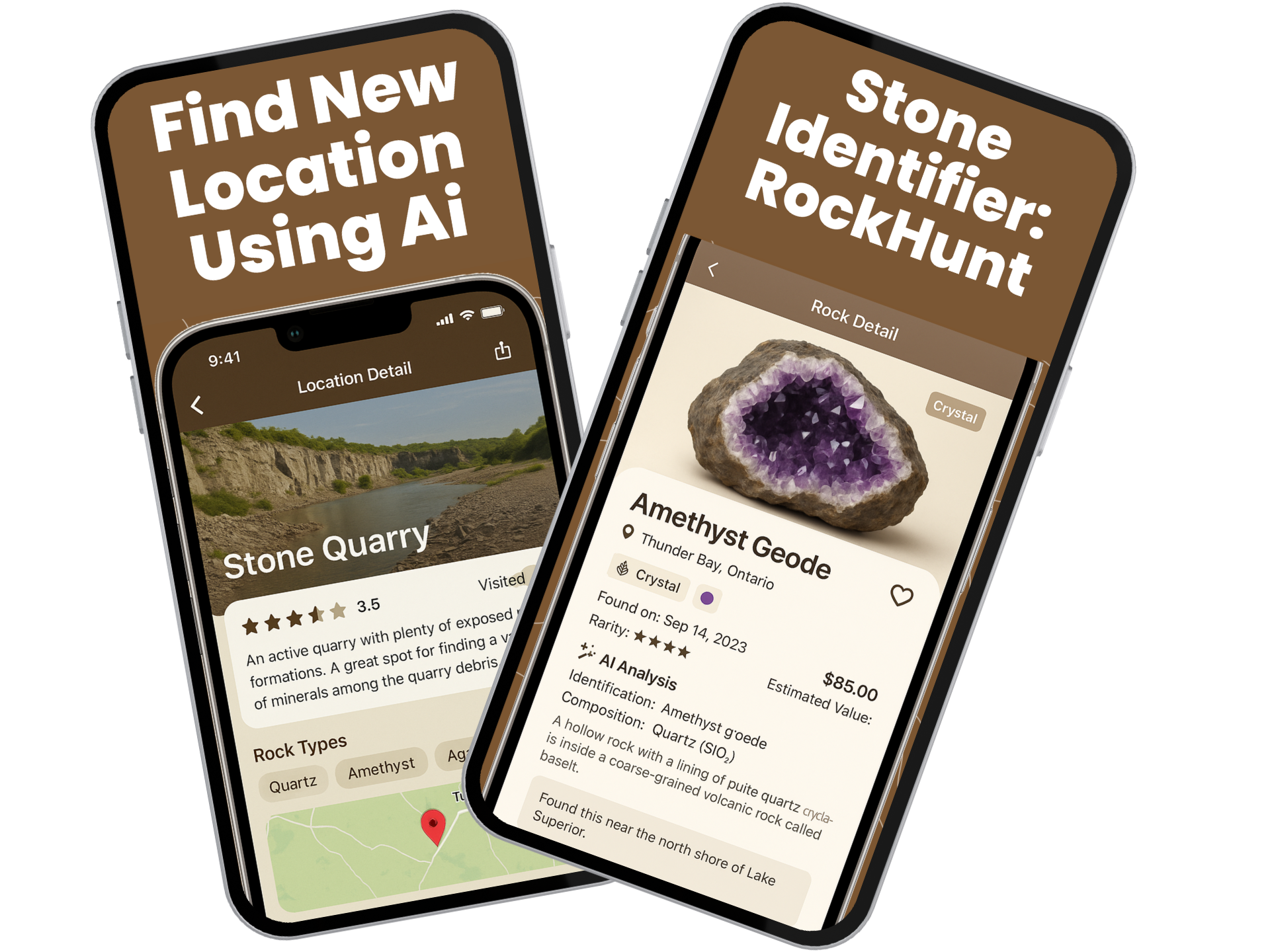Stone identifier AI scanner app interface showing rock and mineral identification